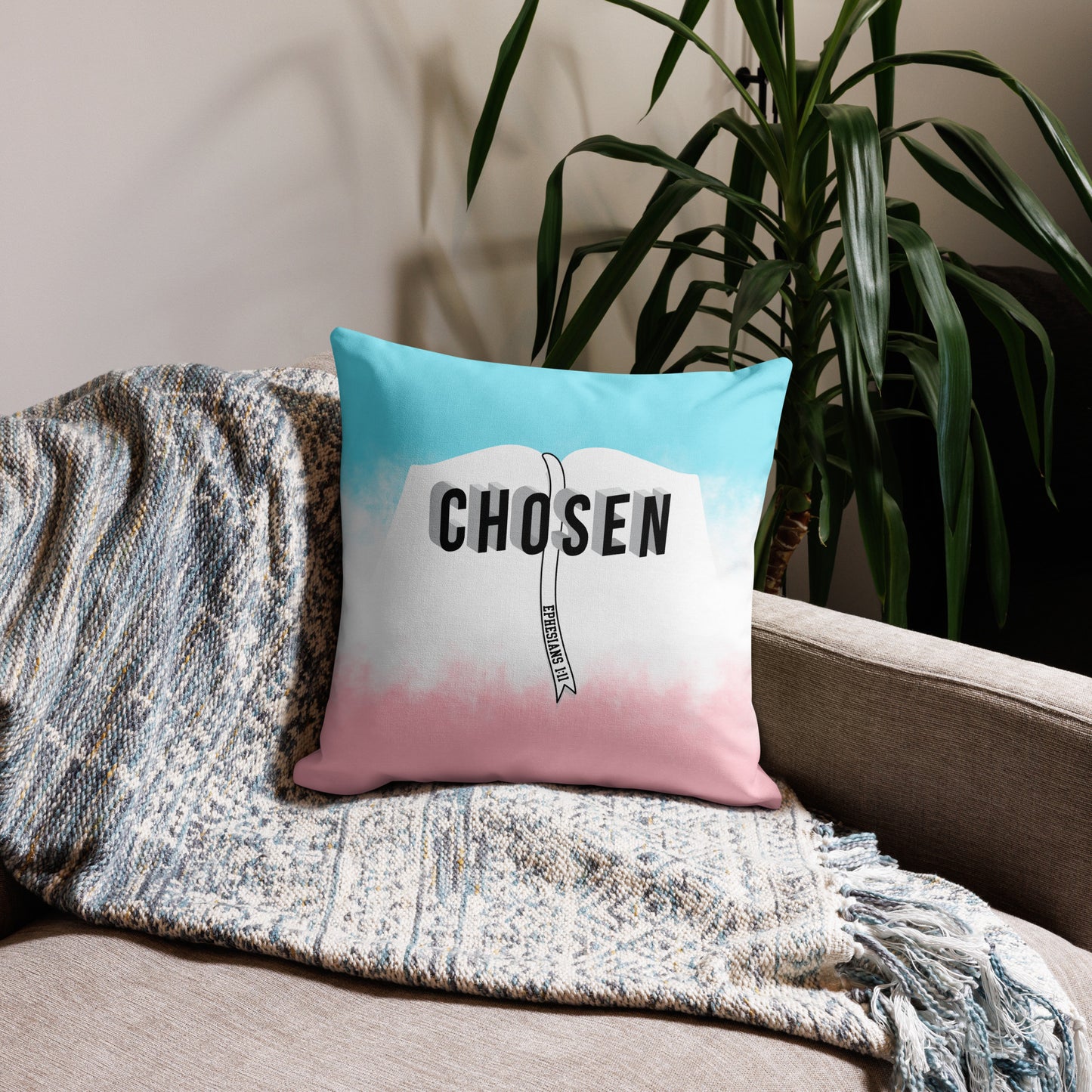 Christian premium throw pillow with soft linen-feel fabric and hidden zipper