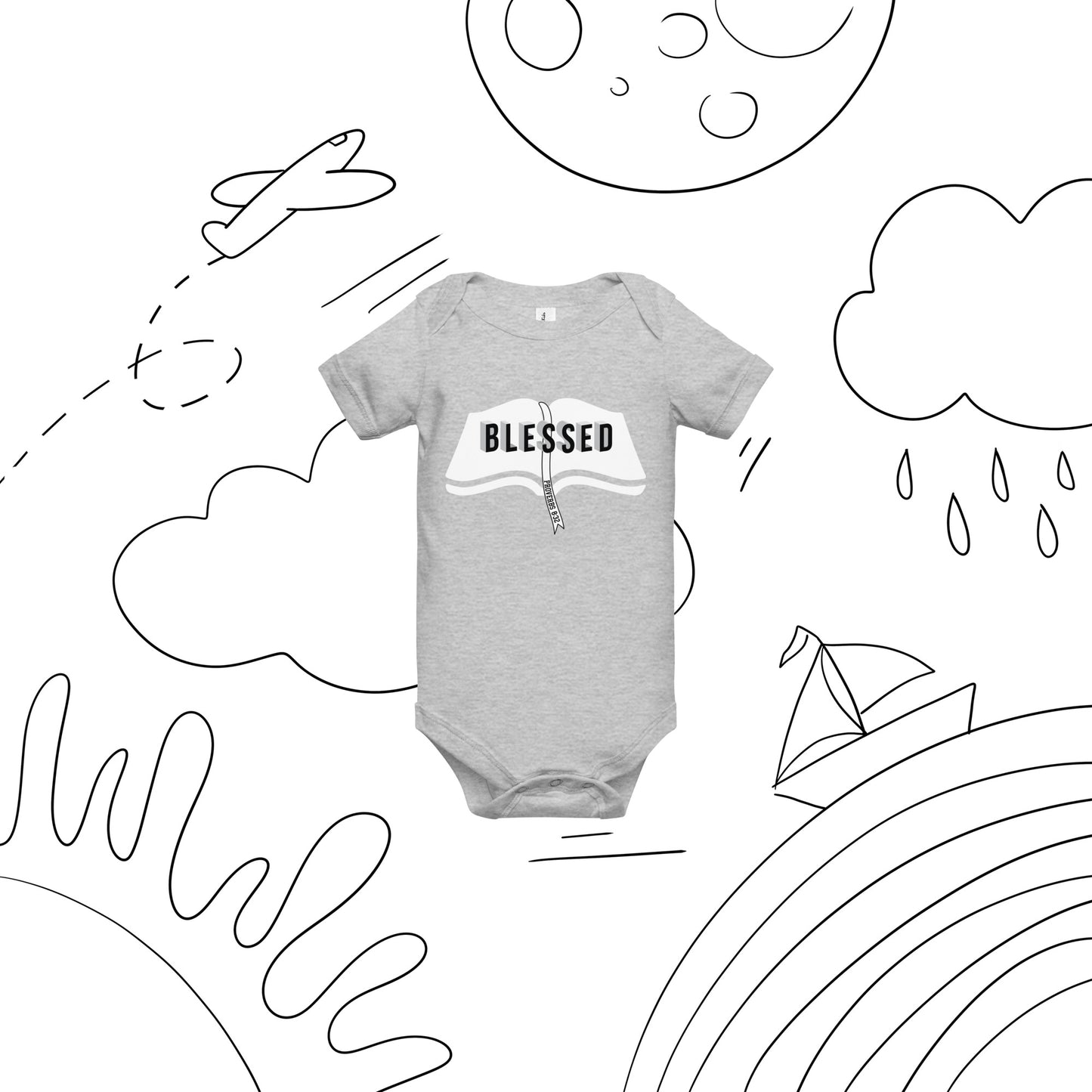 Faith-based baby gift bodysuit in heather grey