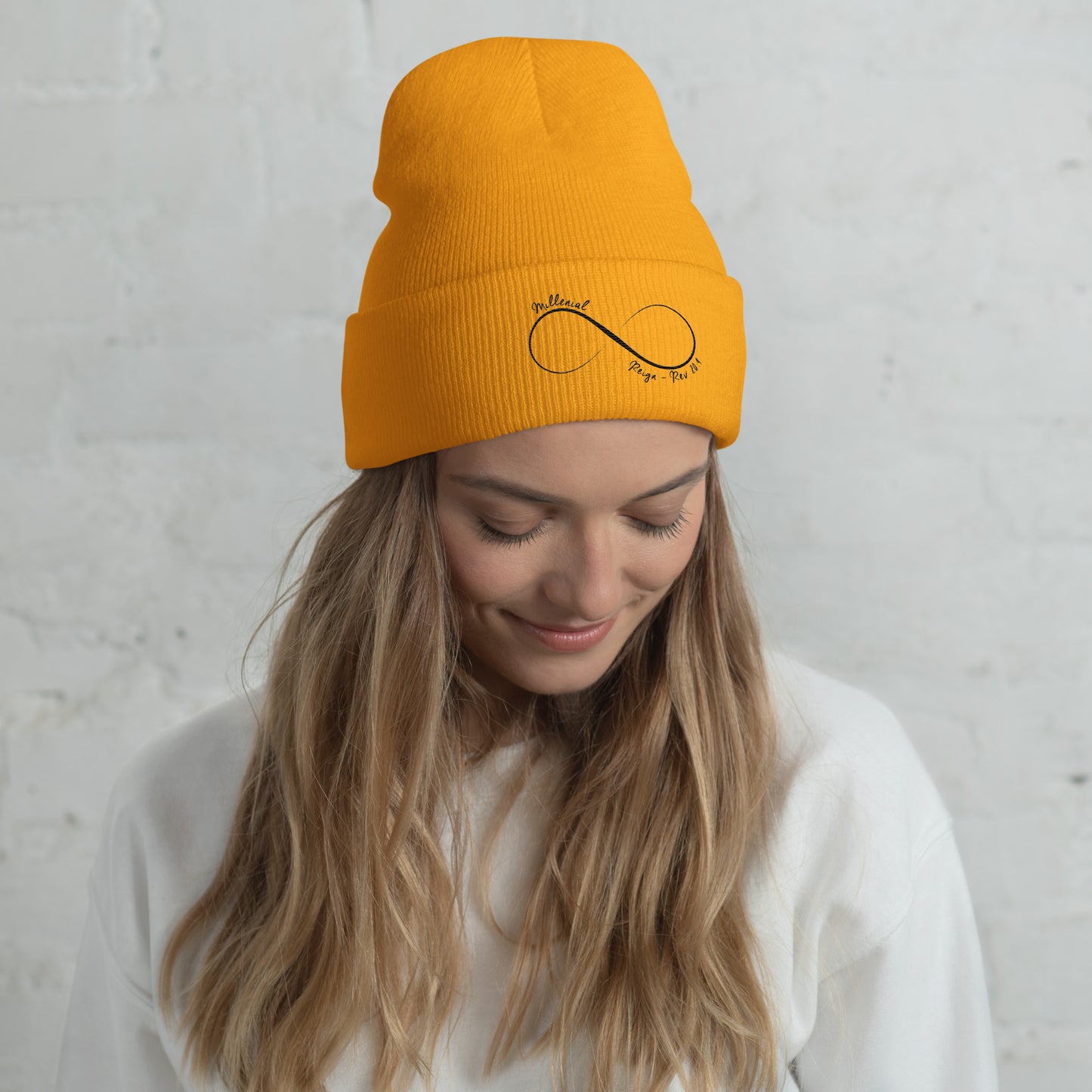 Christian cuffed beanie with The Bride of Christ design in soft acrylic