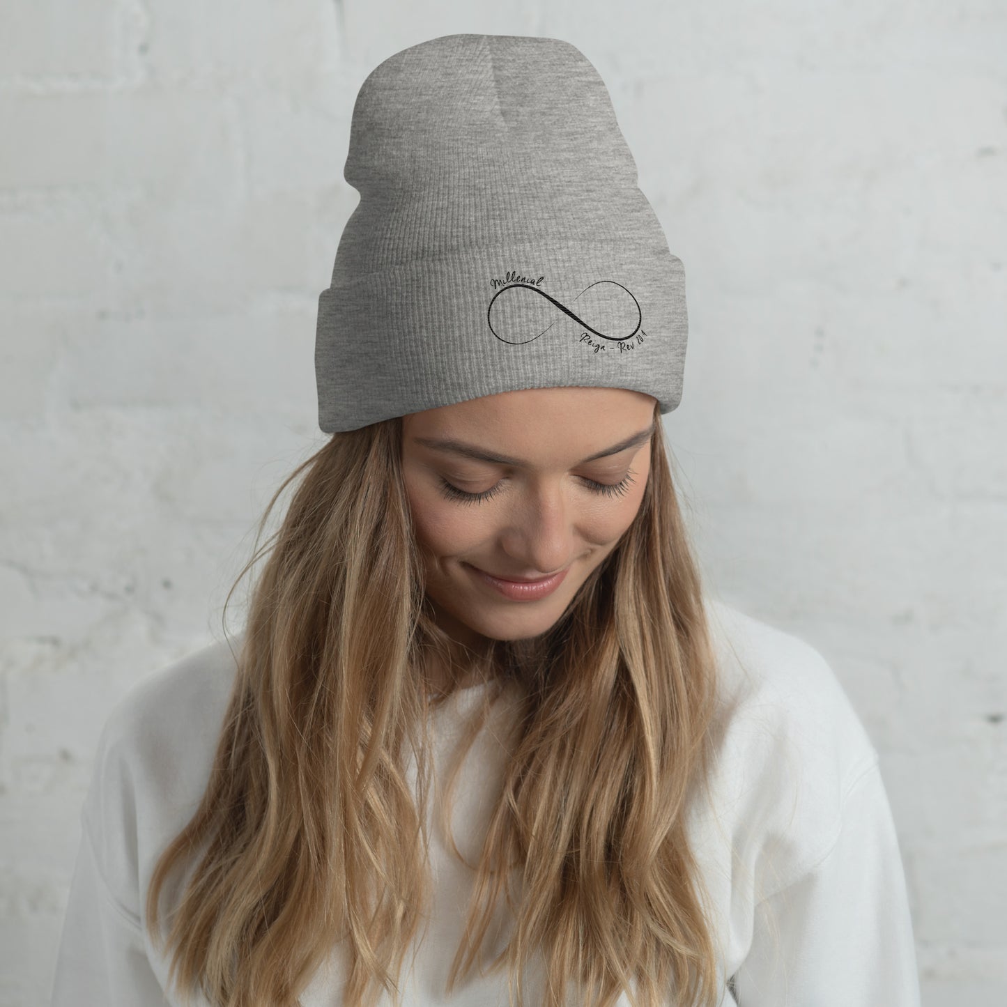 Christian cuffed beanie with The Bride of Christ design in soft acrylic