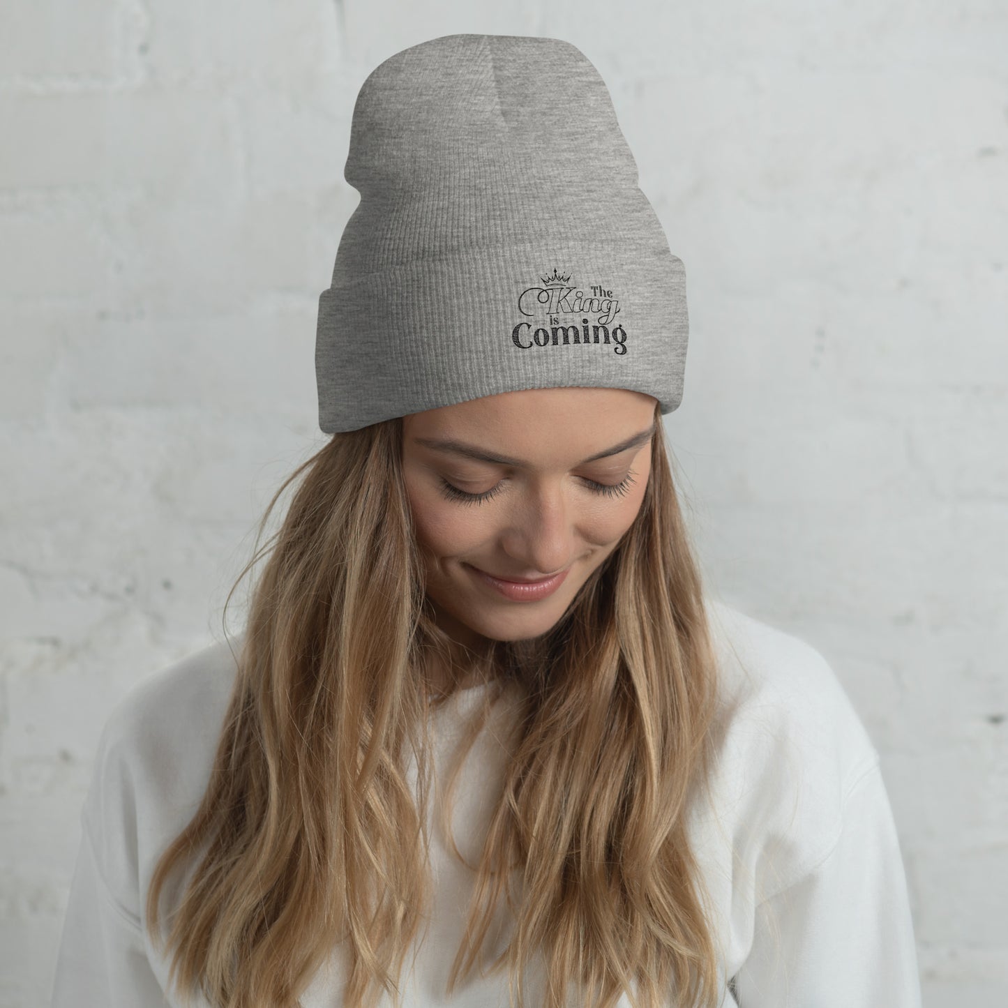 Christian cuffed beanie with The Bride of Christ design in soft acrylic