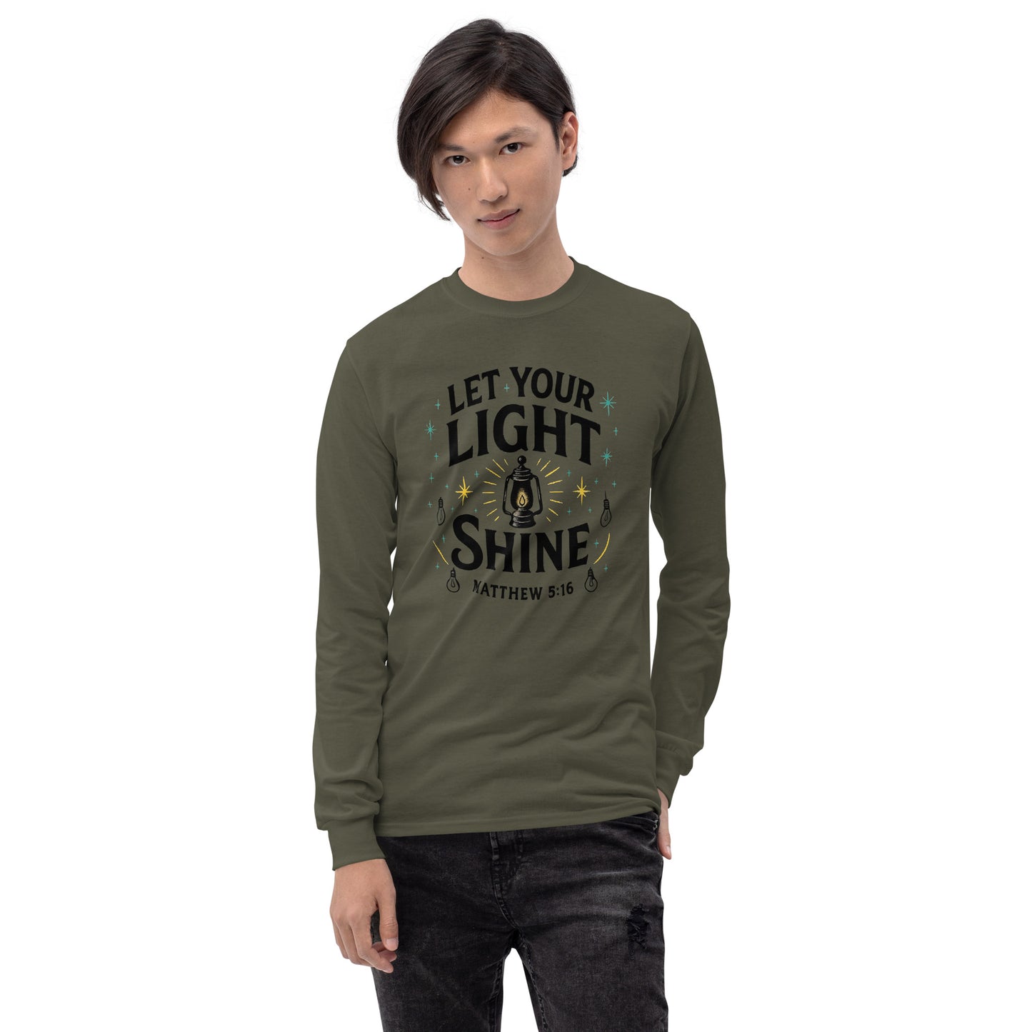 Men’s Christian long sleeve shirt Let Your Light Shine design