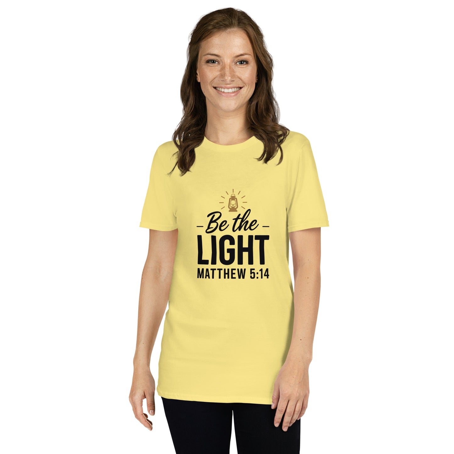 Faith-based women’s short-sleeve tee Be the Light design