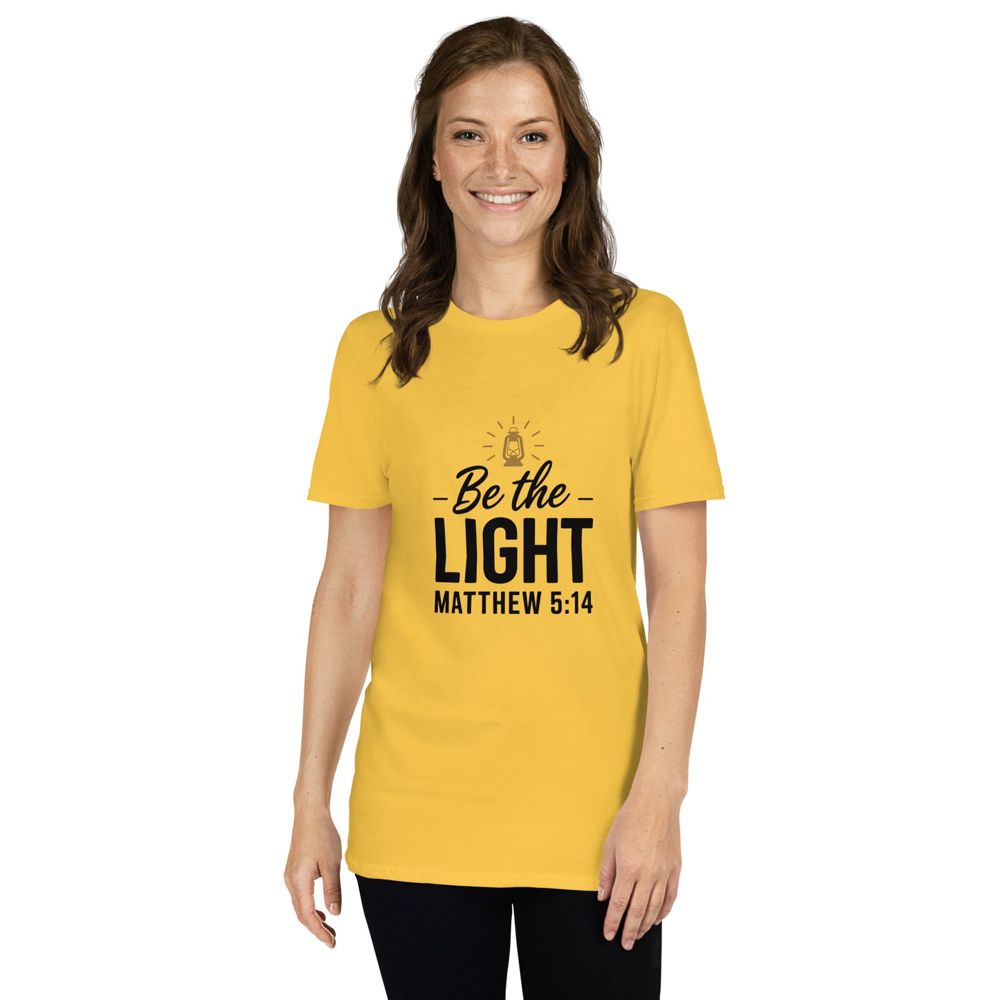 Faith-based women’s short-sleeve tee Be the Light design