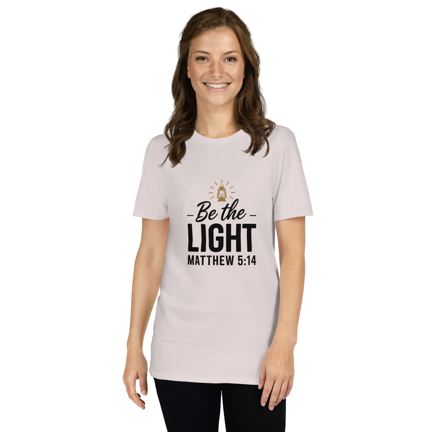 Faith-based women’s short-sleeve tee Be the Light design