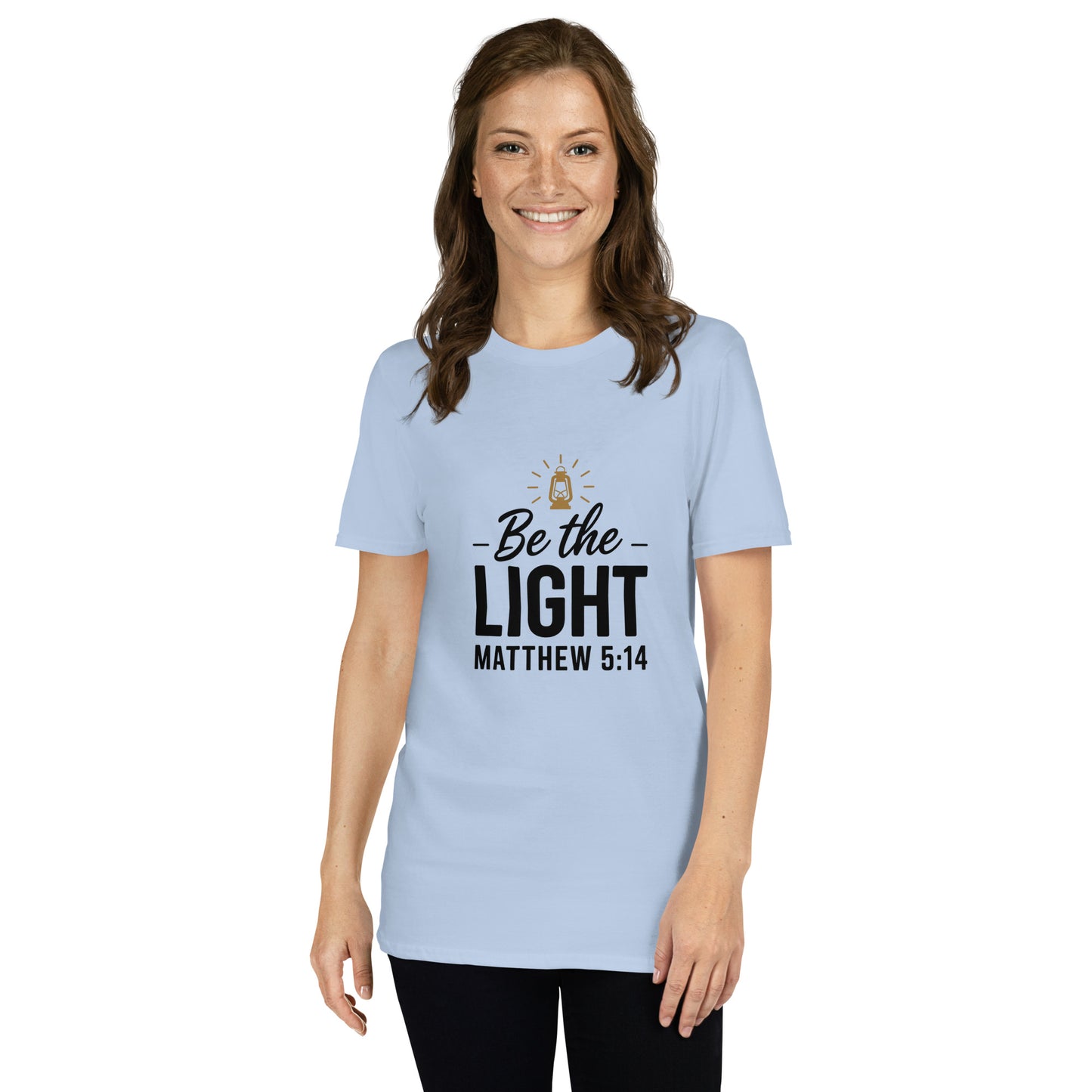 Faith-based women’s short-sleeve tee Be the Light design