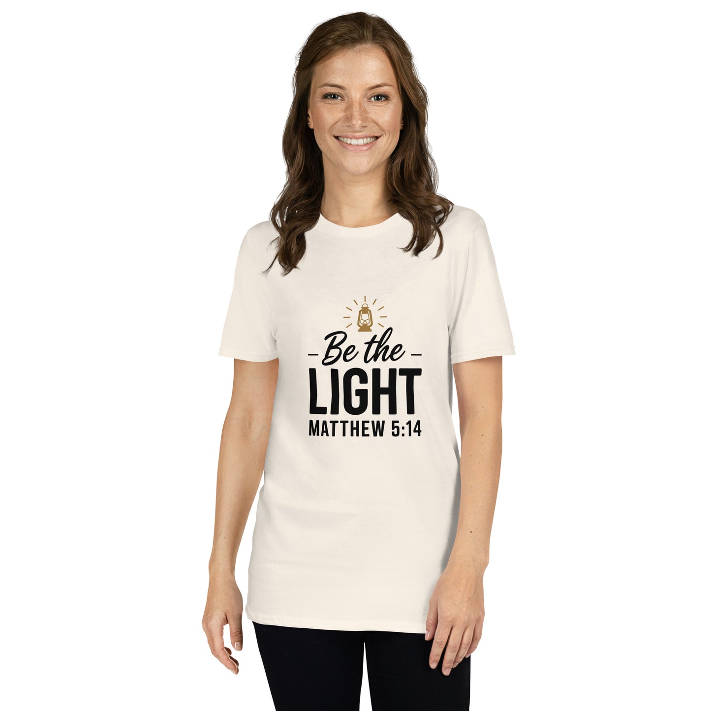 Faith-based women’s short-sleeve tee Be the Light design