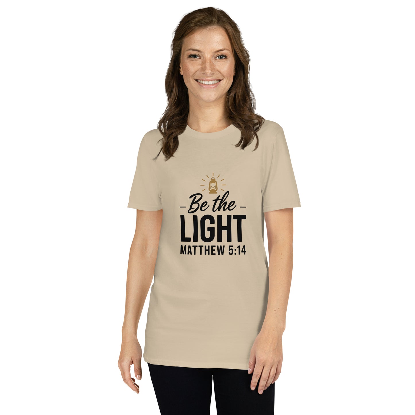 Faith-based women’s short-sleeve tee Be the Light design
