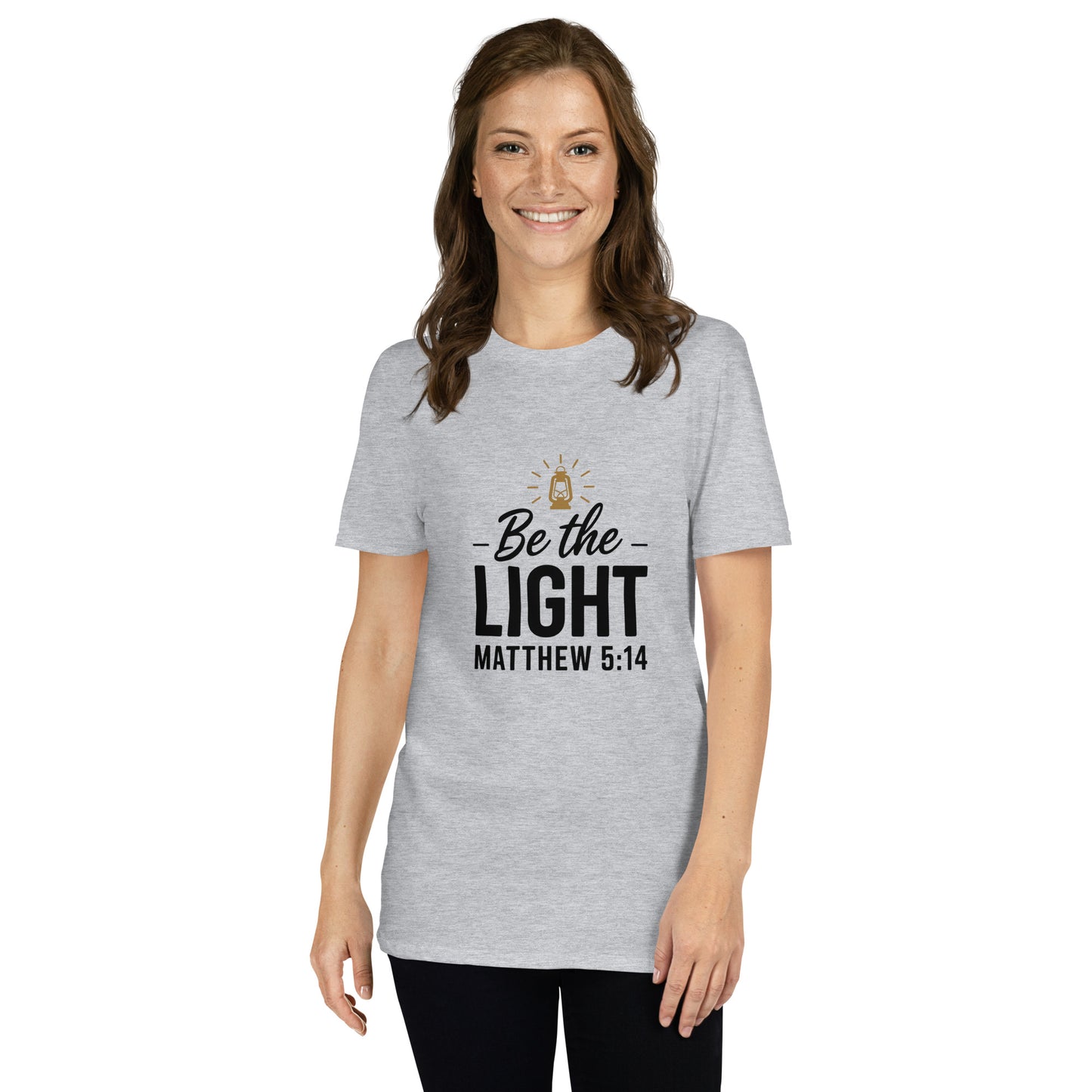 Faith-based women’s short-sleeve tee Be the Light design
