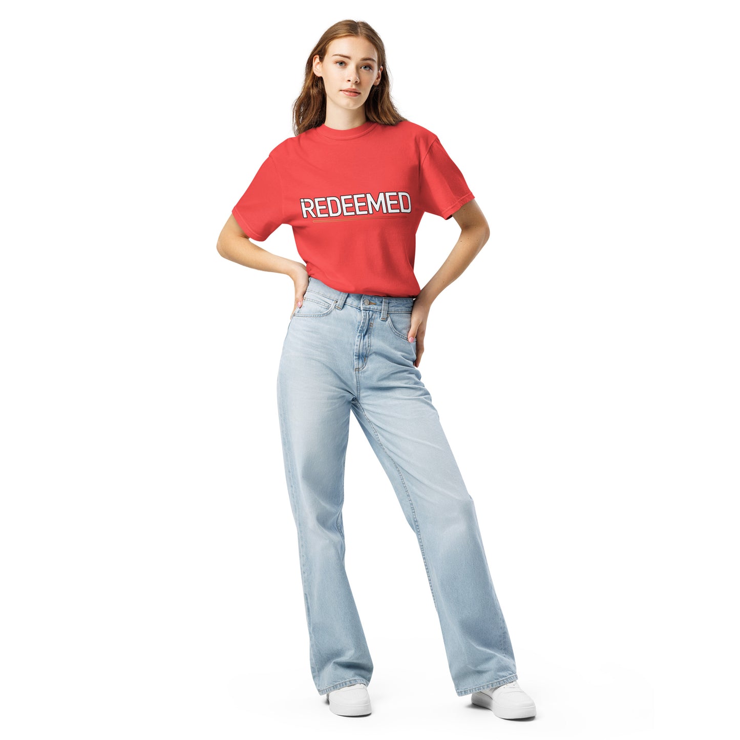 Women’s Christian heavyweight t-shirt Redeemed design