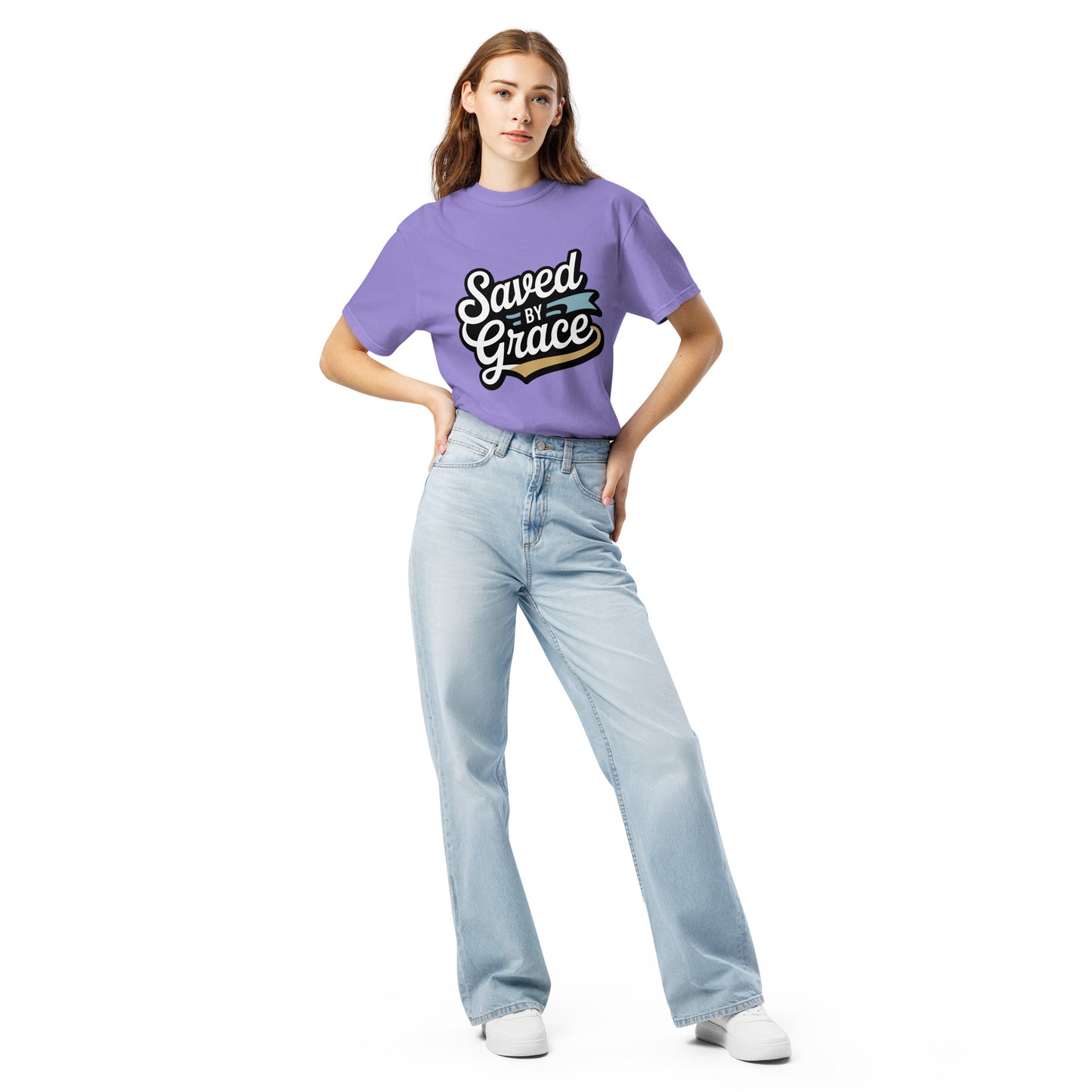Women’s Christian heavyweight t-shirt Saved by Grace Ephesians 2:8