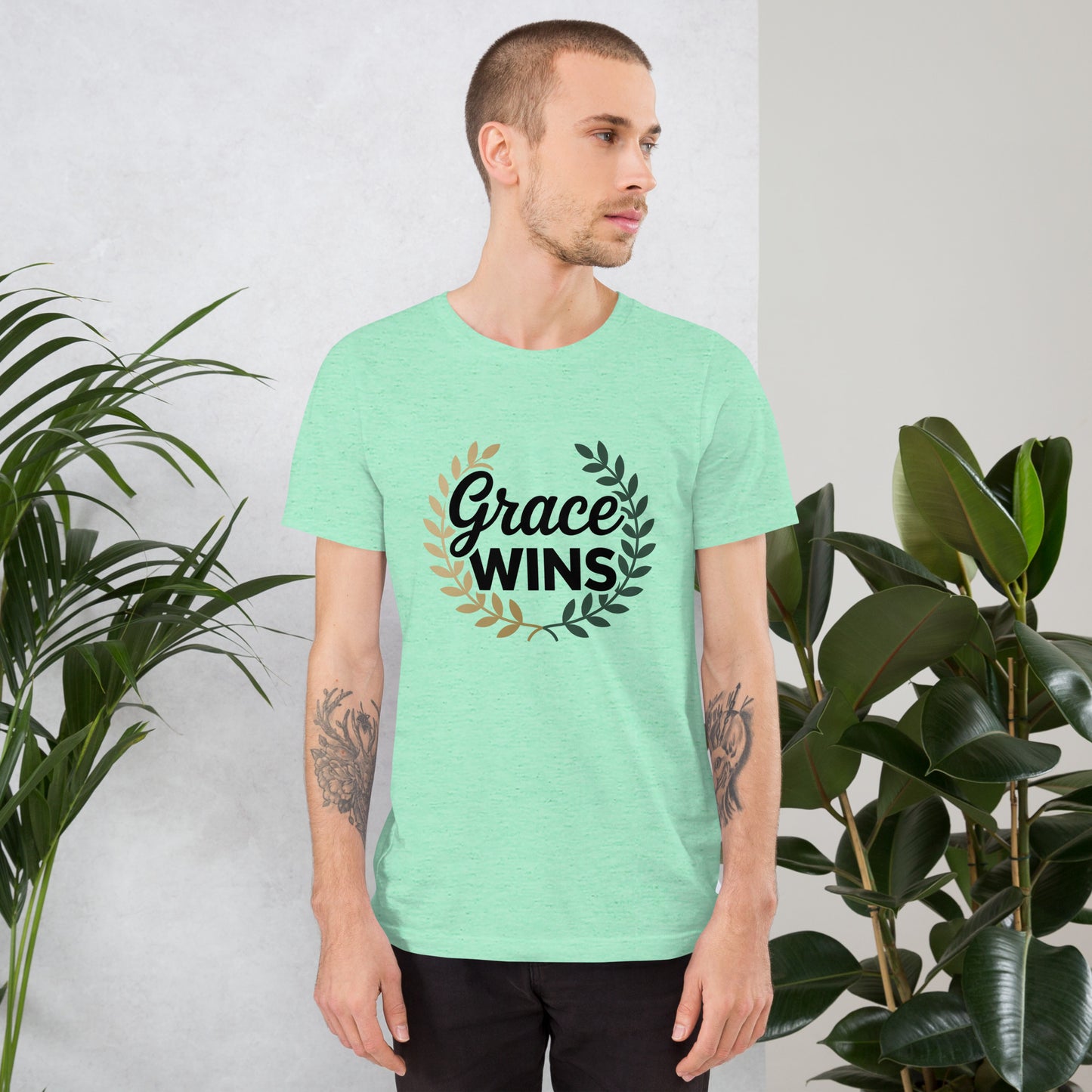 Faith-based shirt for men Grace Wins scripture”