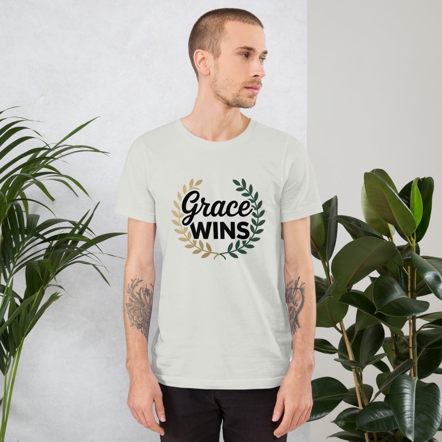 Faith-based shirt for men Grace Wins scripture”