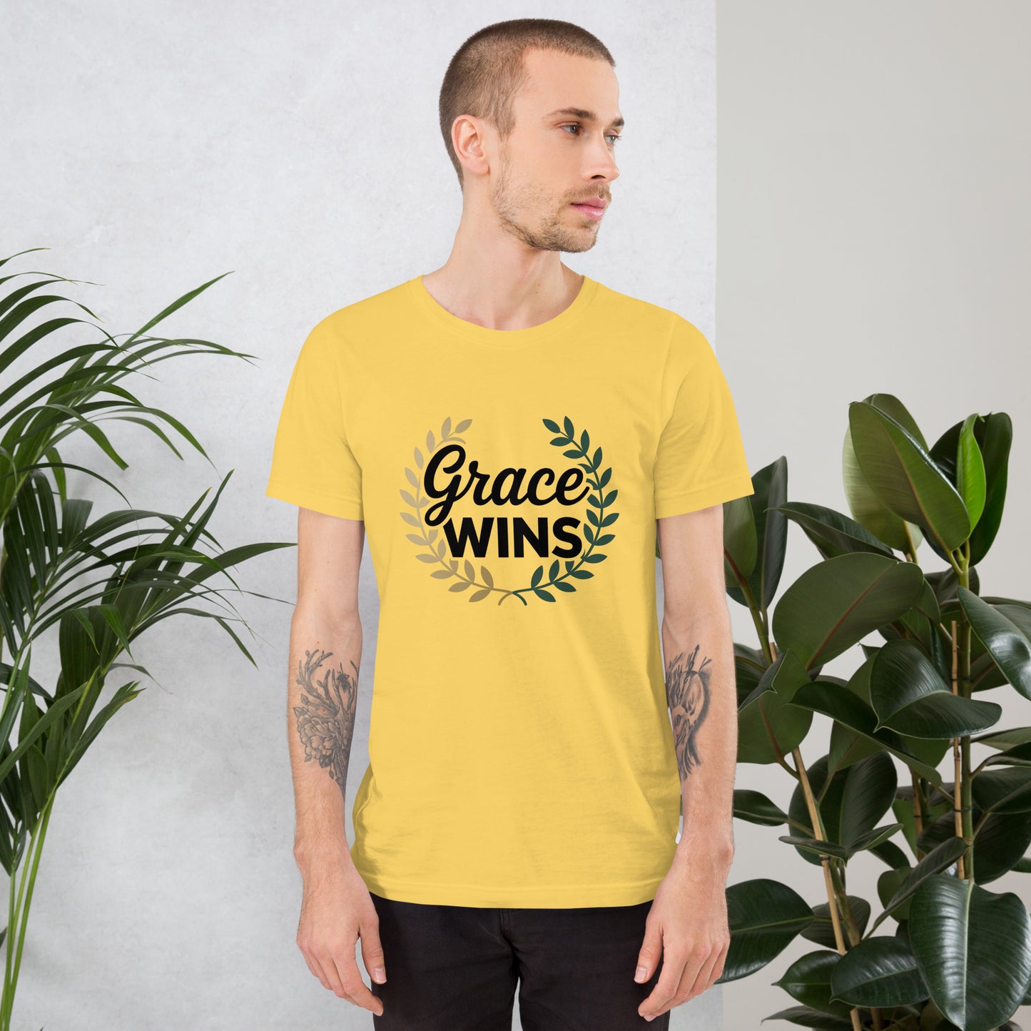 Faith-based shirt for men Grace Wins scripture”