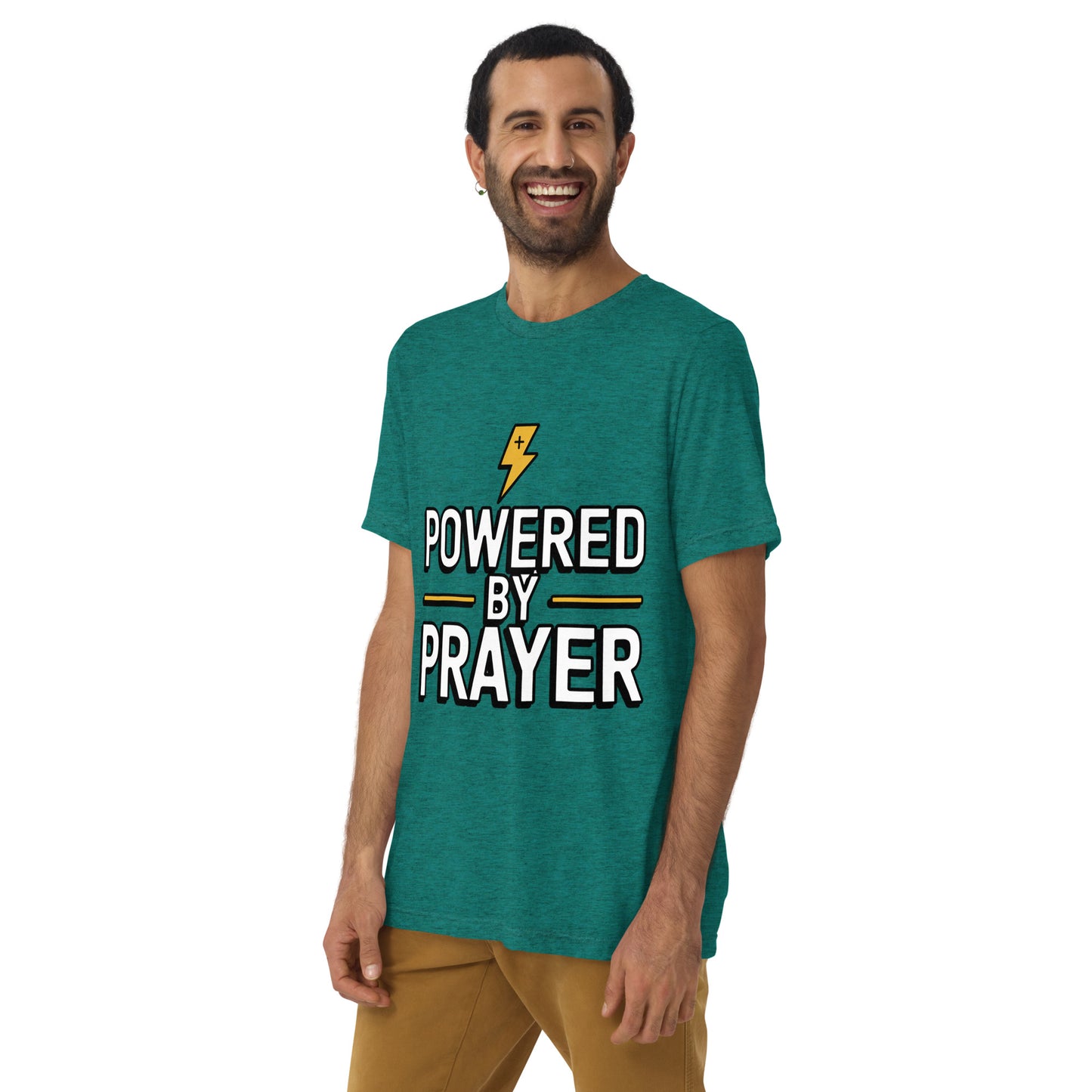 Men’s Christian tri-blend t-shirt Powered by Prayer James 5:16