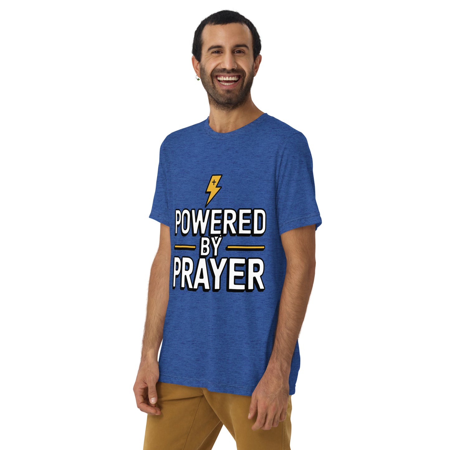 Men’s Christian tri-blend t-shirt Powered by Prayer James 5:16