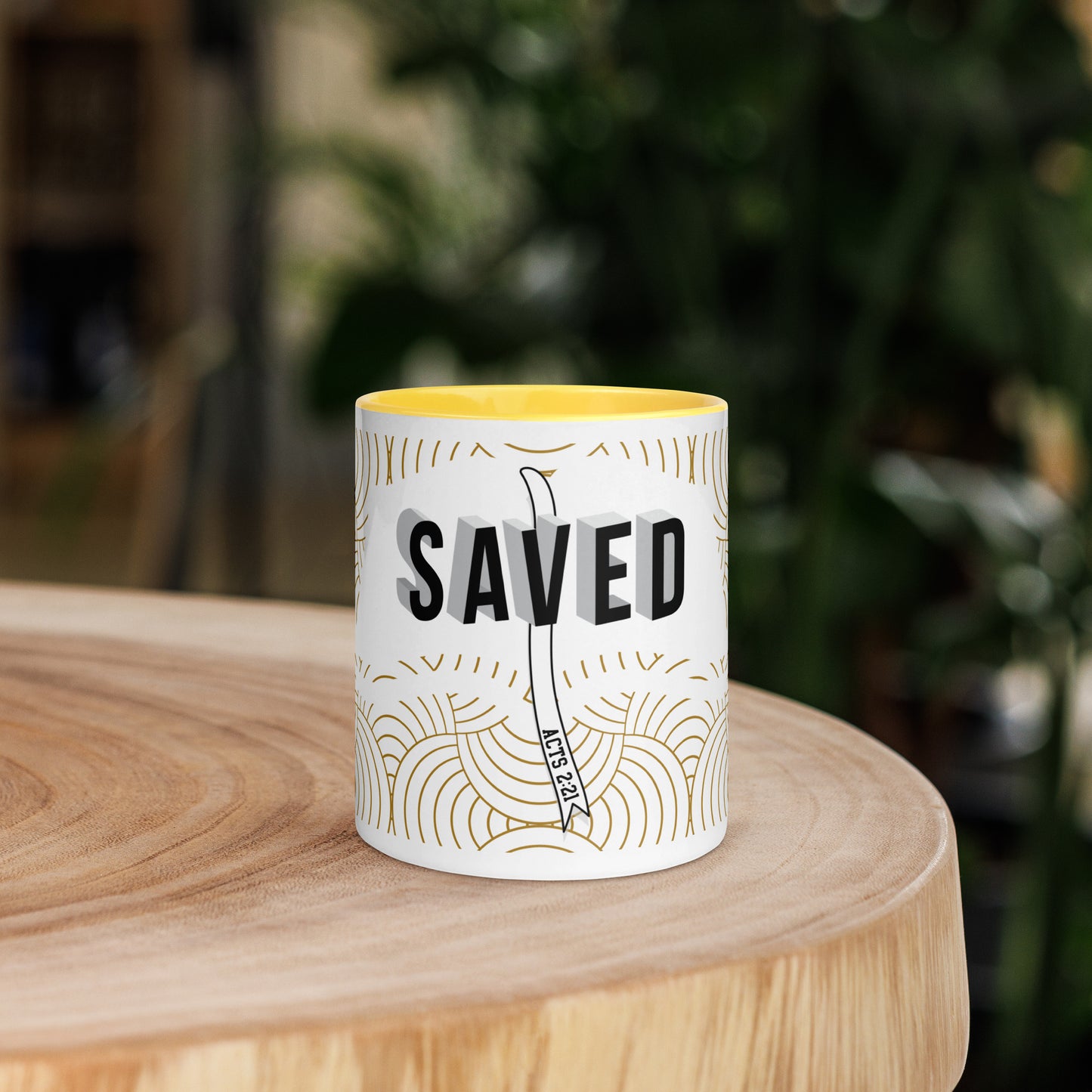 Faith-based tea cup with color inside and inspirational design