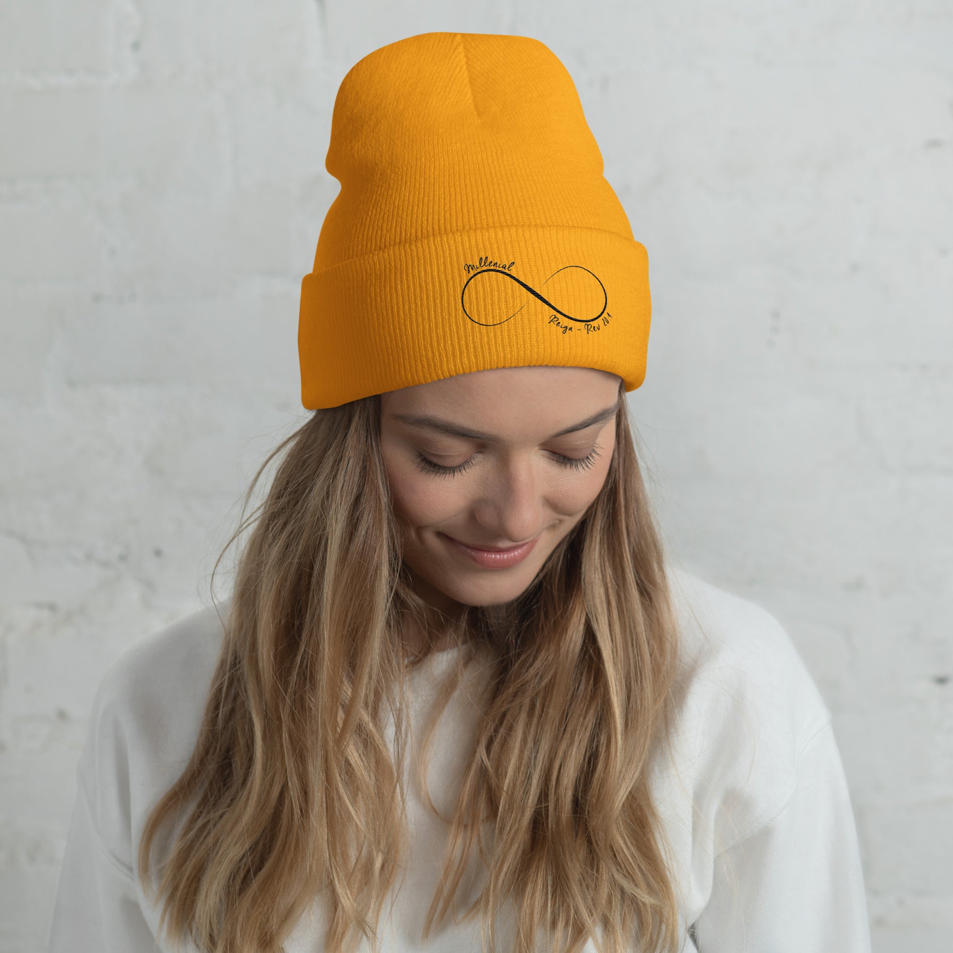 Christian cuffed beanie with The Bride of Christ design in soft acrylic