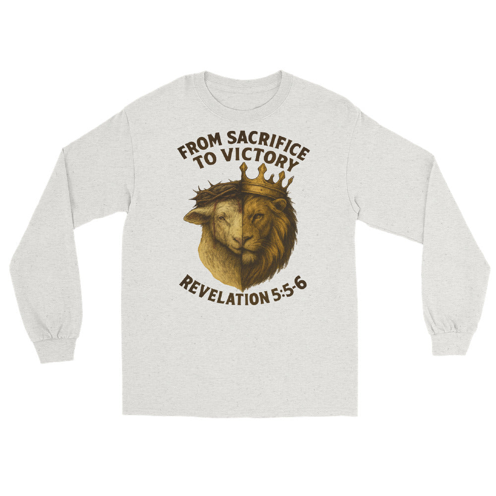 Men’s Christian long sleeve shirt From Sacrifice to Victory design