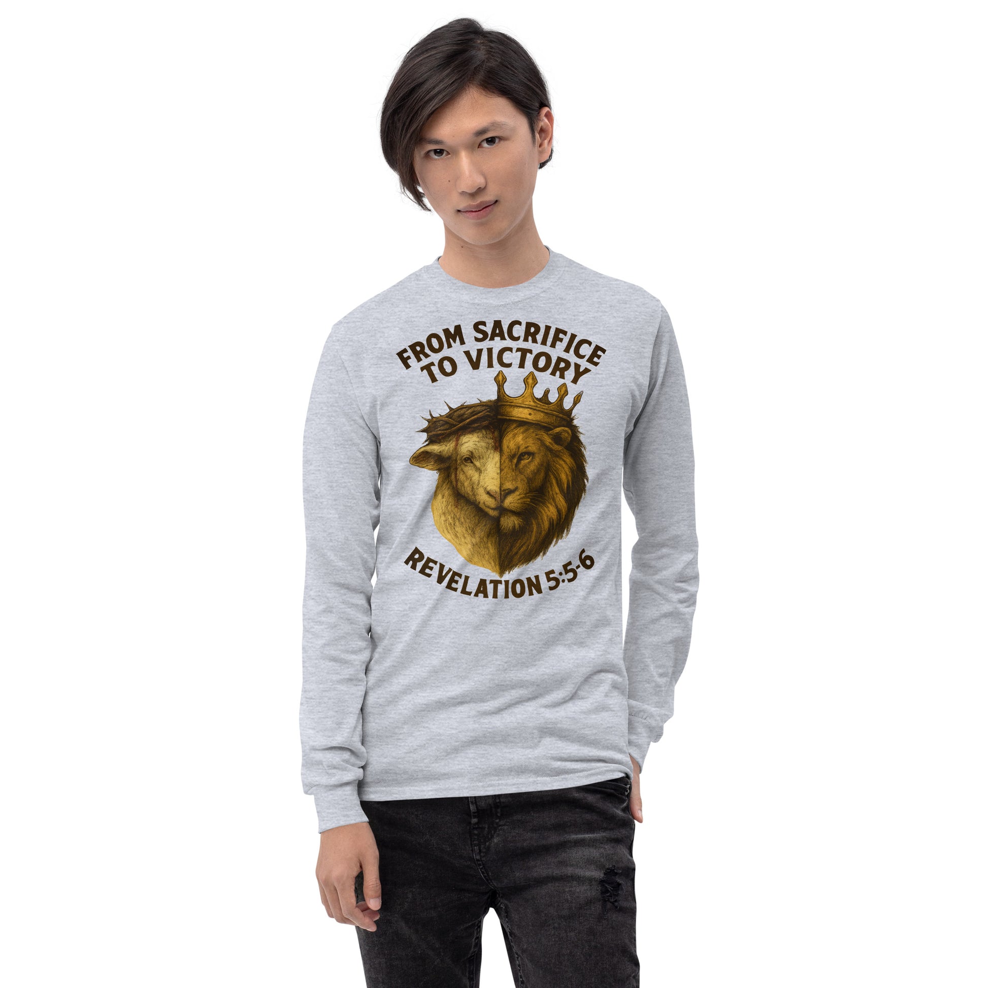 Men’s Christian long sleeve shirt From Sacrifice to Victory design