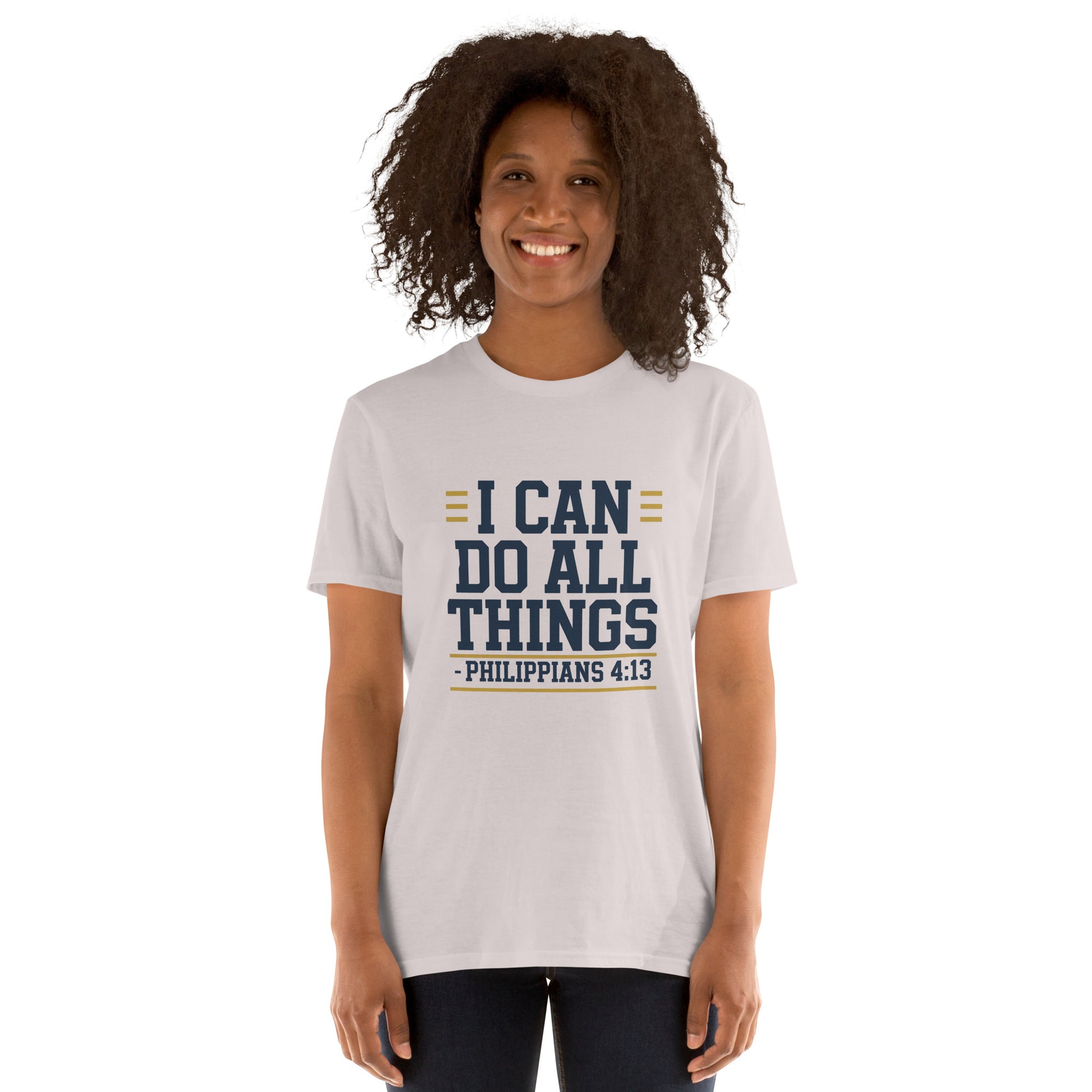 Faith-based women’s short-sleeve shirt scripture design