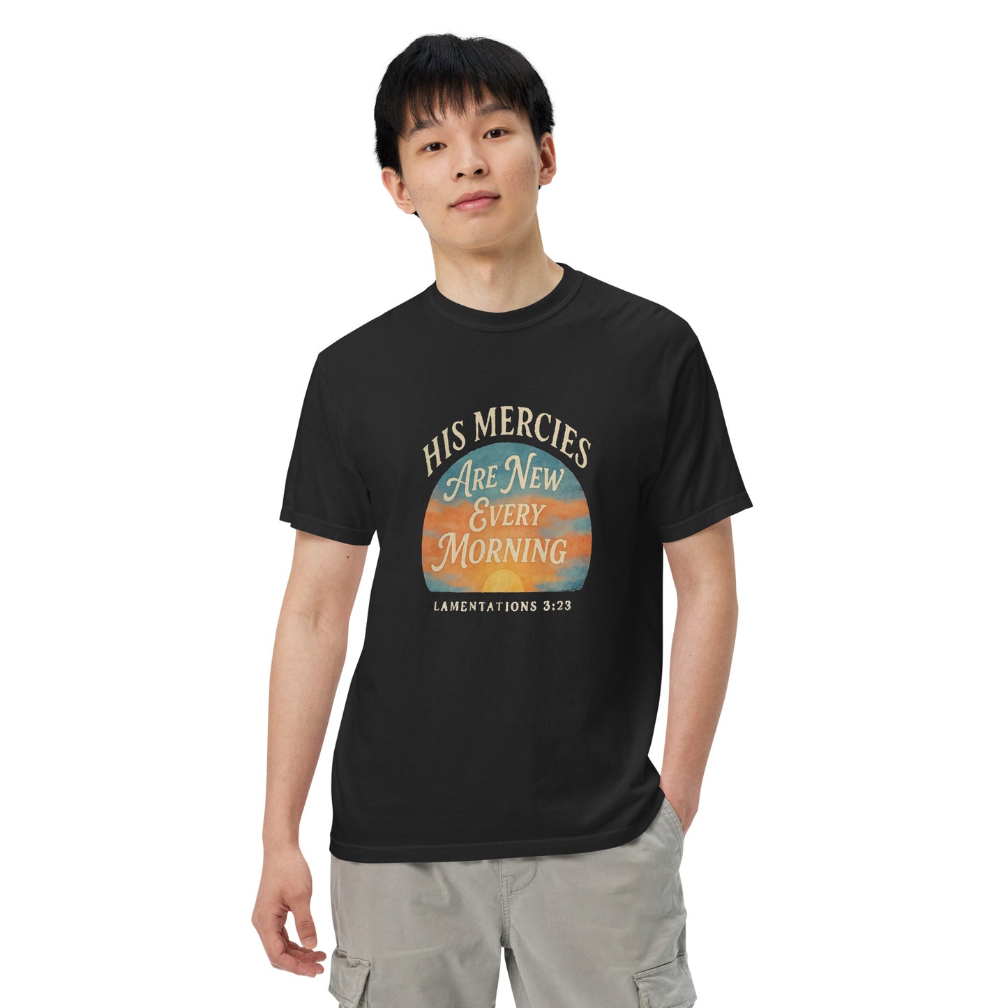 Christian heavyweight t-shirt with Bible verse His Mercies Are New Every Morning