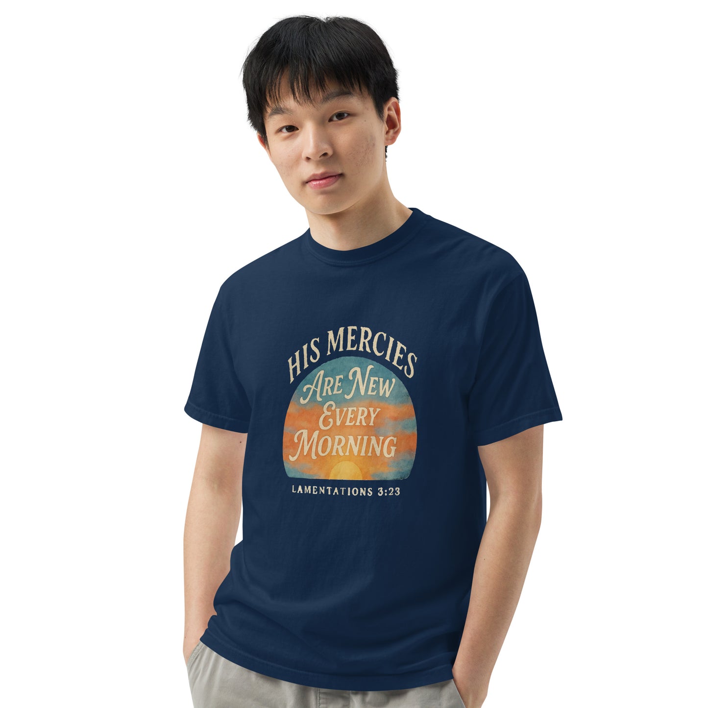 Christian heavyweight t-shirt with Bible verse His Mercies Are New Every Morning