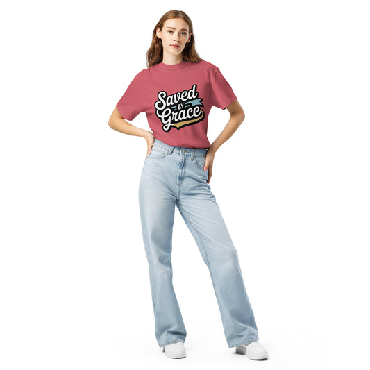 Women’s Christian heavyweight t-shirt Saved by Grace Ephesians 2:8