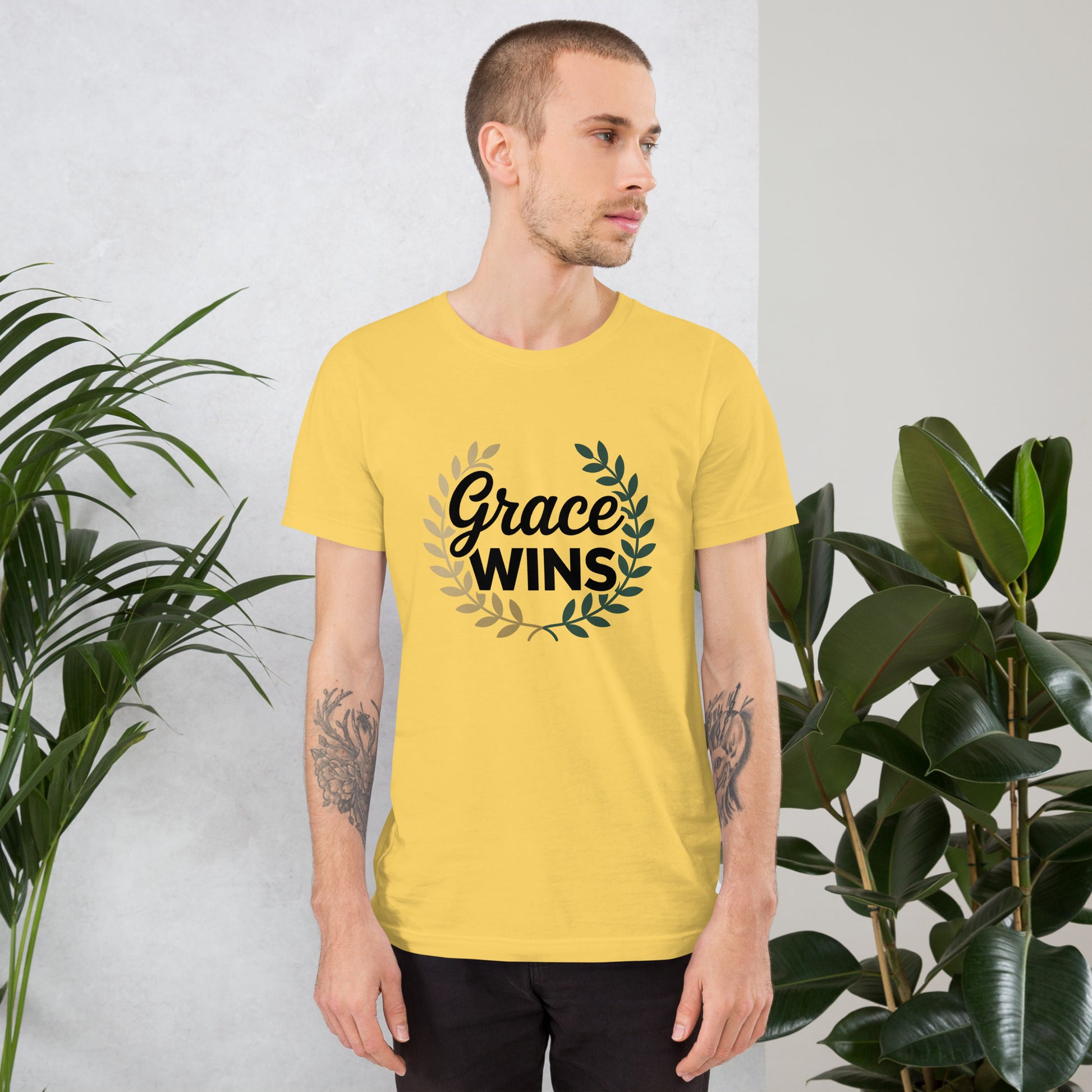 Faith-based shirt for men Grace Wins scripture”