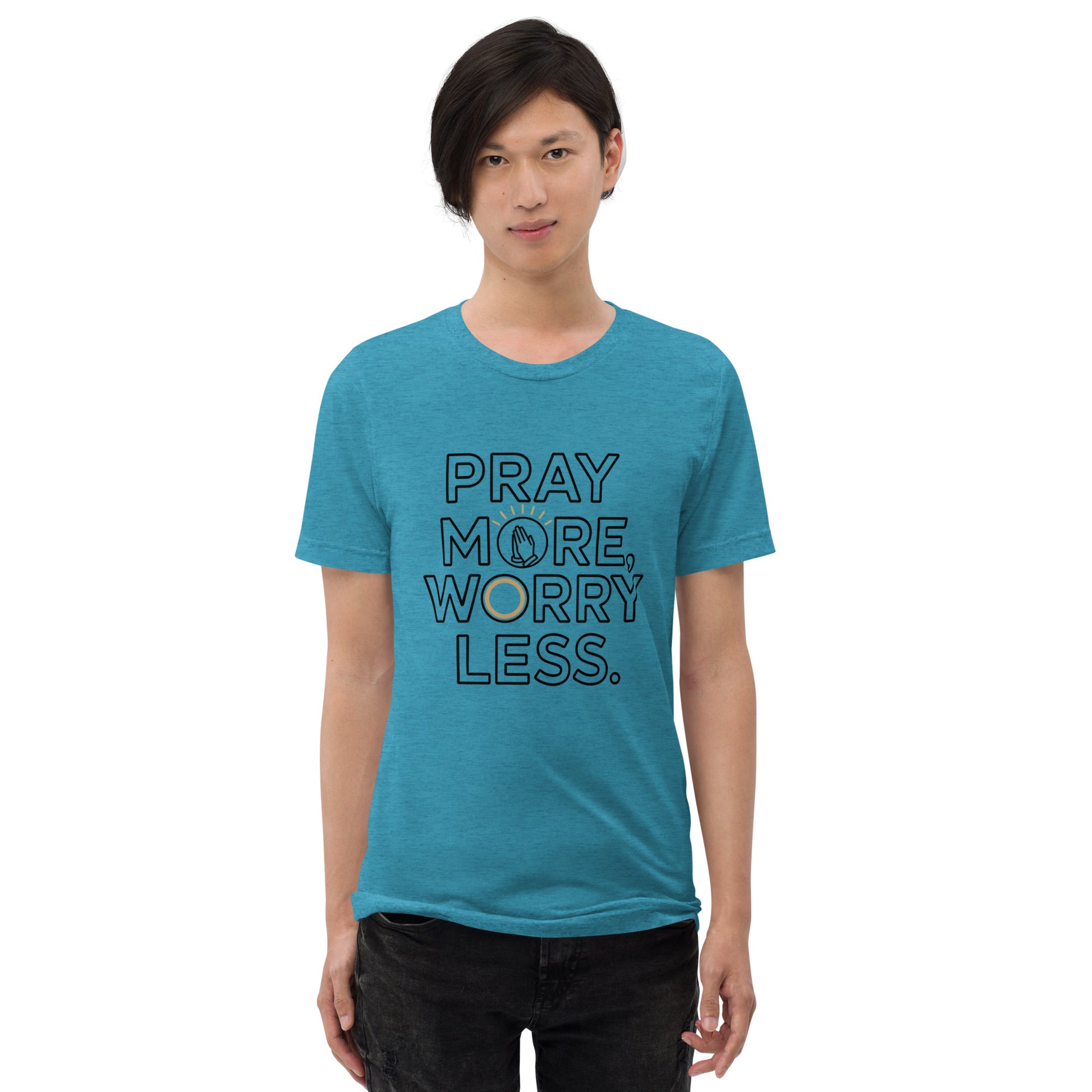 Men’s Christian tri-blend t-shirt Pray More Worry Less Philippians 4:6