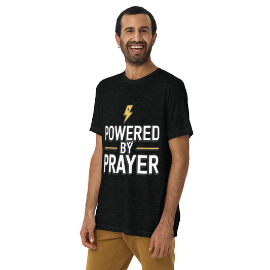 Men’s Christian tri-blend t-shirt Powered by Prayer James 5:16